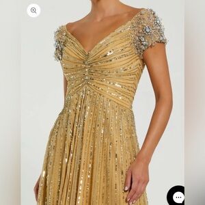 Mac Duggal Gold Sequined Evening Gown With Embellished Shoulders